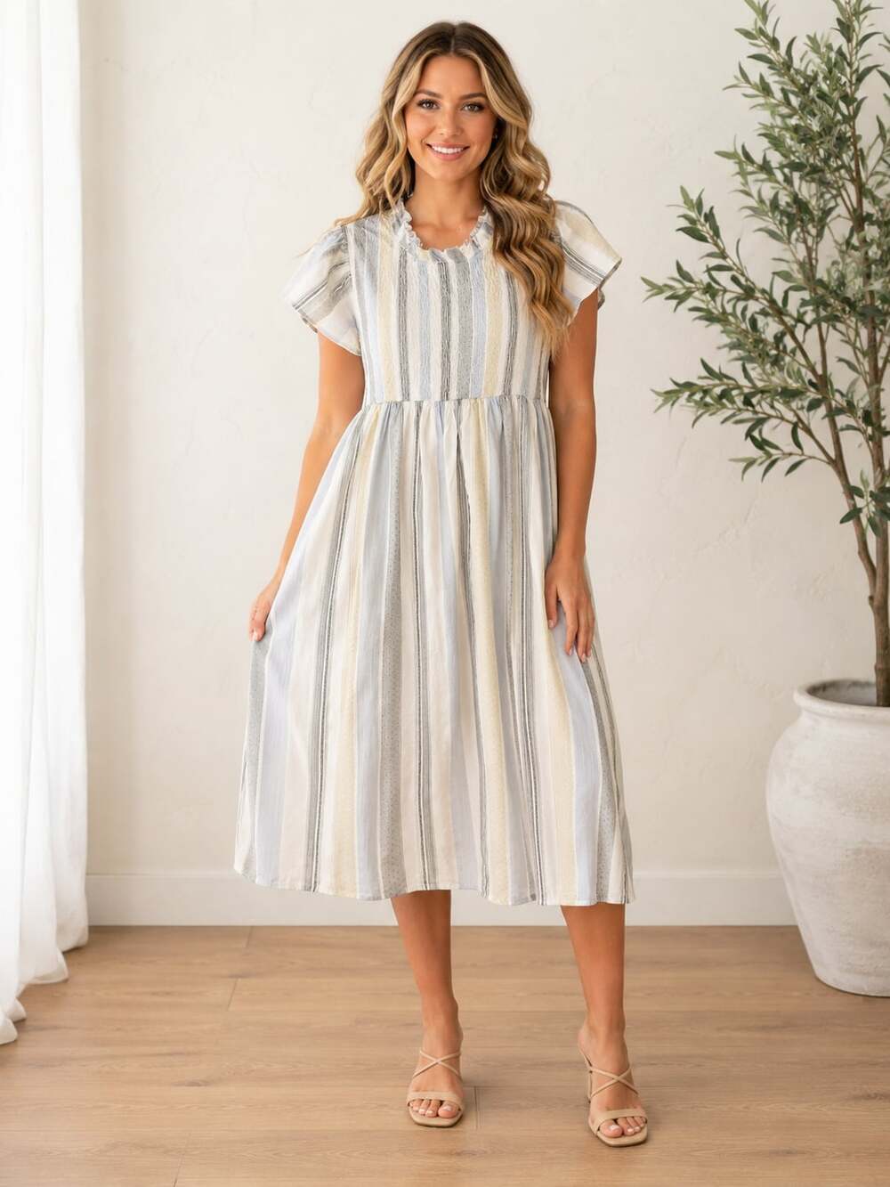 Polagram Smocked Midi Dress Medium Gray Blue Stripe Flutter Sleeve Cotton Boho